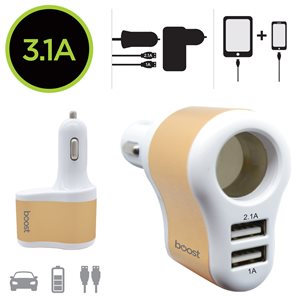 3 IN 1 CAR CHARGER WITH 2 USB PORTS AND SOCKET 3.1 A